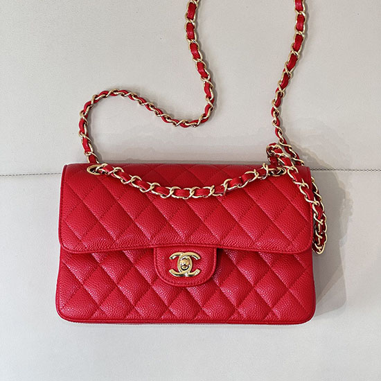 Small Chanel Caviar Flap Bag A01117 Red with Gold