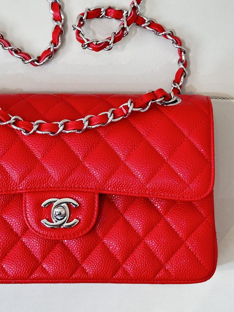 Small Chanel Caviar Flap Bag A01117 Red with Silver