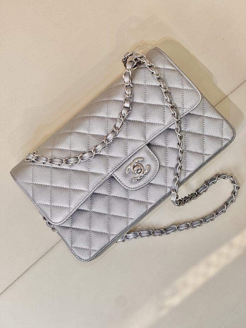 Medium Chanel Grained Calfskin Flap Bag A01112 Silver