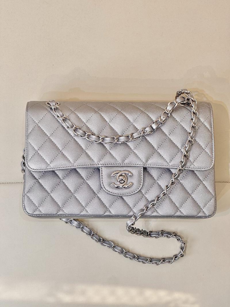 Medium Chanel Grained Calfskin Flap Bag A01112 Silver