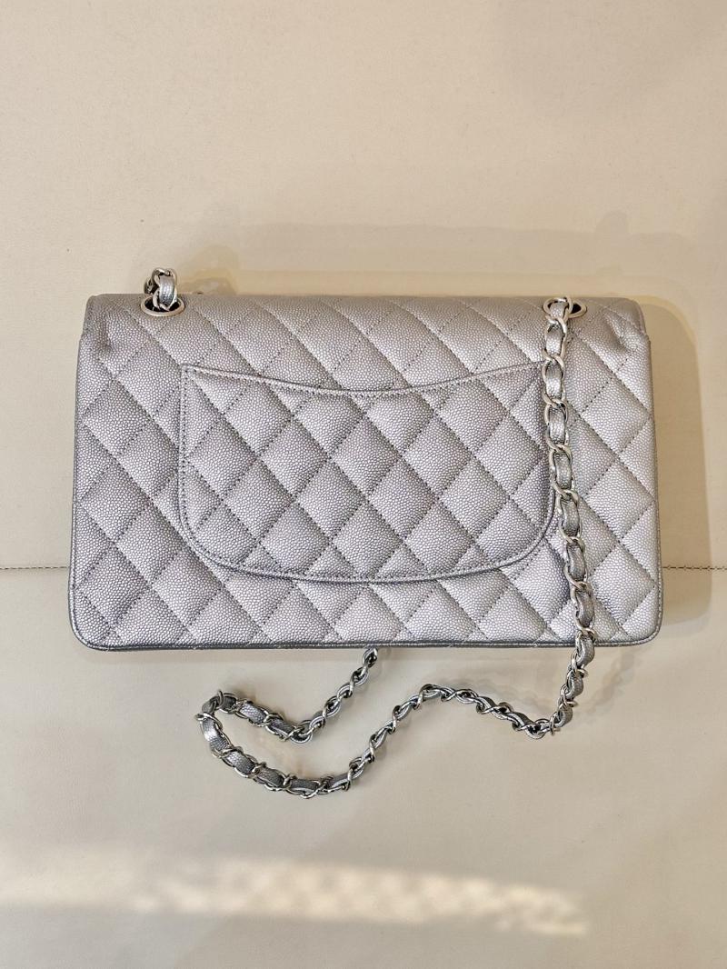 Medium Chanel Grained Calfskin Flap Bag A01112 Silver