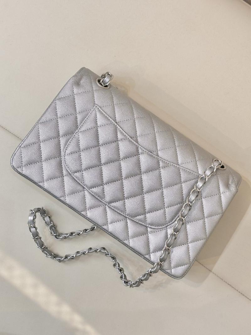 Medium Chanel Grained Calfskin Flap Bag A01112 Silver