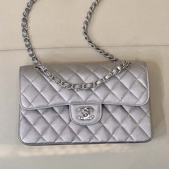 Small Chanel Grained Calfskin Flap Bag Silver A01117